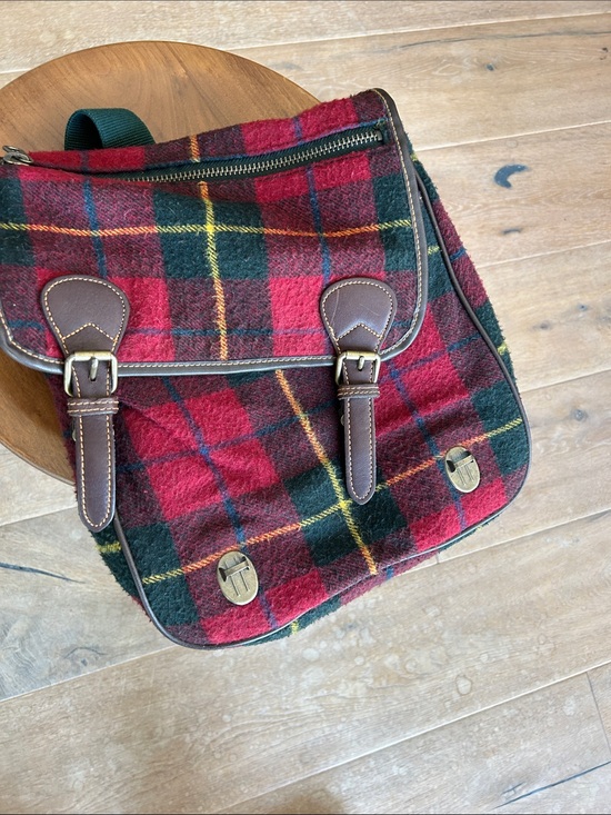 GAP Red and Green Plaid Backpack with Brown Trim